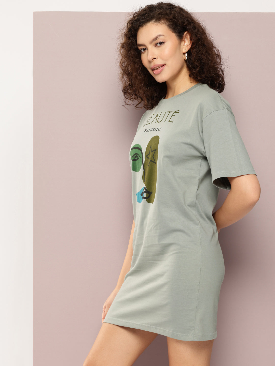 Womens Oversized Short Sleeves Printed Tshirt Dress
