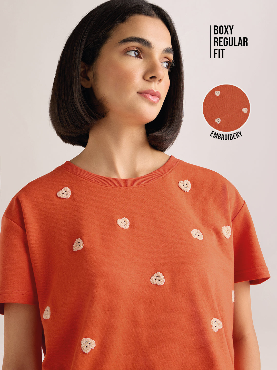 Womens Embroidery Boxy Regular Fit French Terry Cotton Tshirt