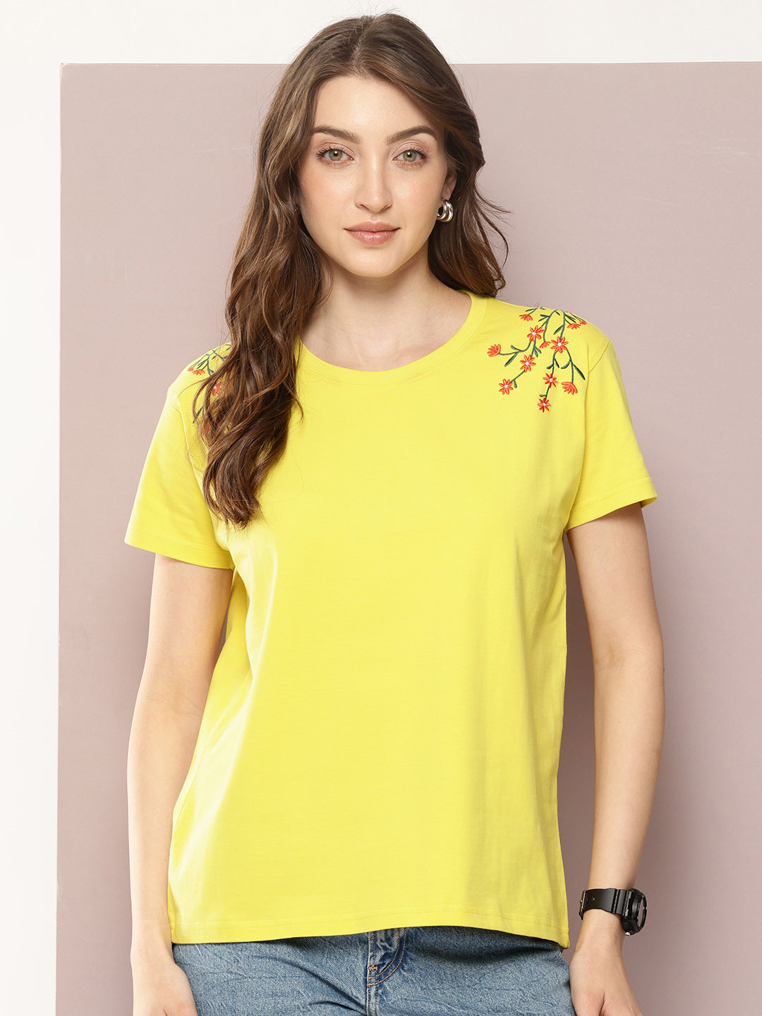 Womens Half Sleeve Round Neck Embroidered Boxy Fit Tshirts
