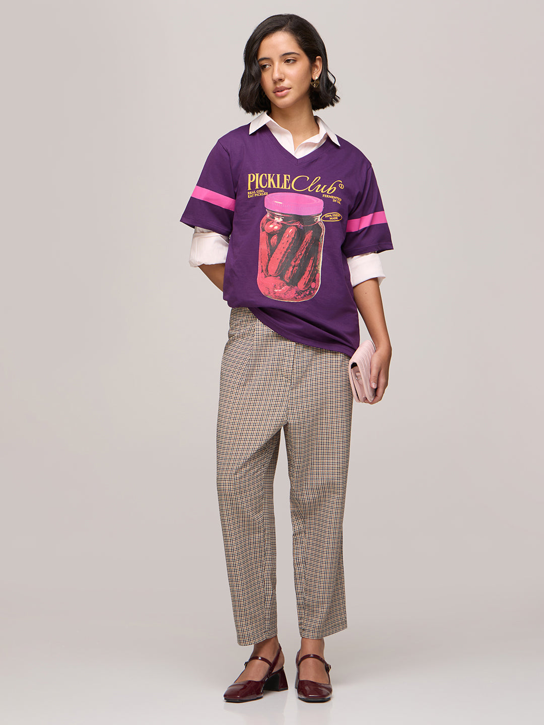 Womens Printed Oversized Fit Cotton V-Neck T-Shirt
