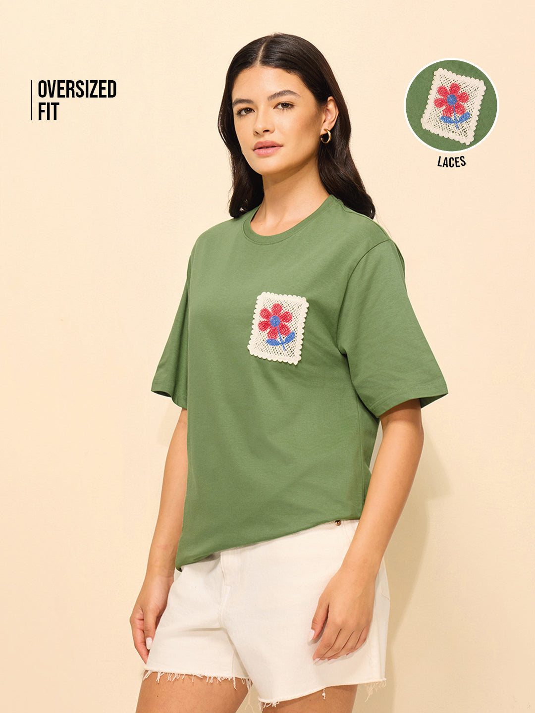 Womens Laces Detailed Oversized Fit Cotton T-Shirt