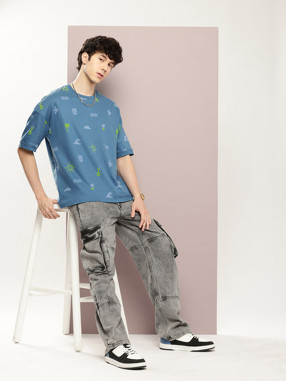 Mens Half Sleeve Round Neck All-Over Printed Oversized Fit Tshirts