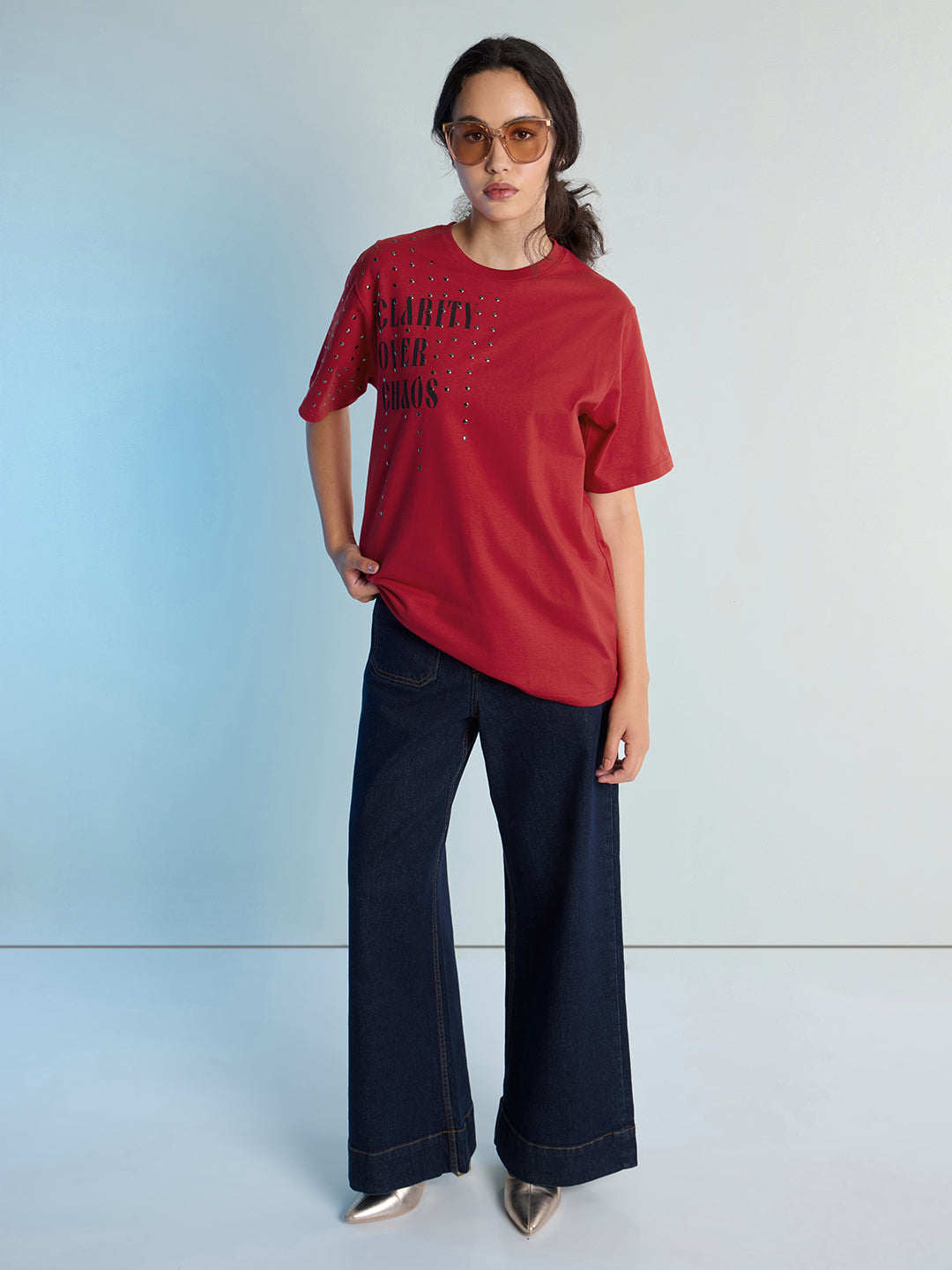 Womens Stud Detailed Oversized Round Neck Tshirt 