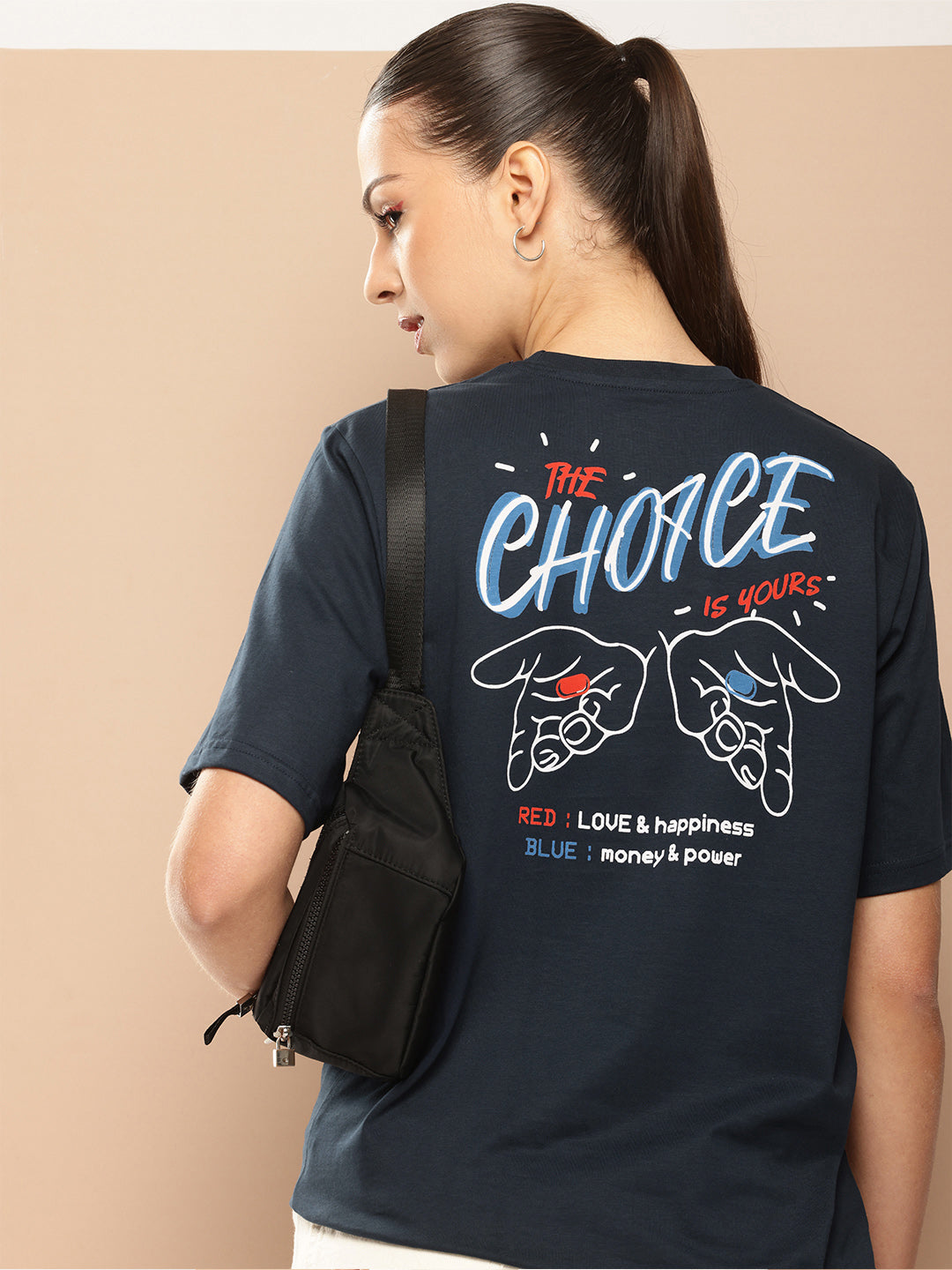 Womens Half Sleeve Round Neck Back Printed Oversized Fit Tshirts