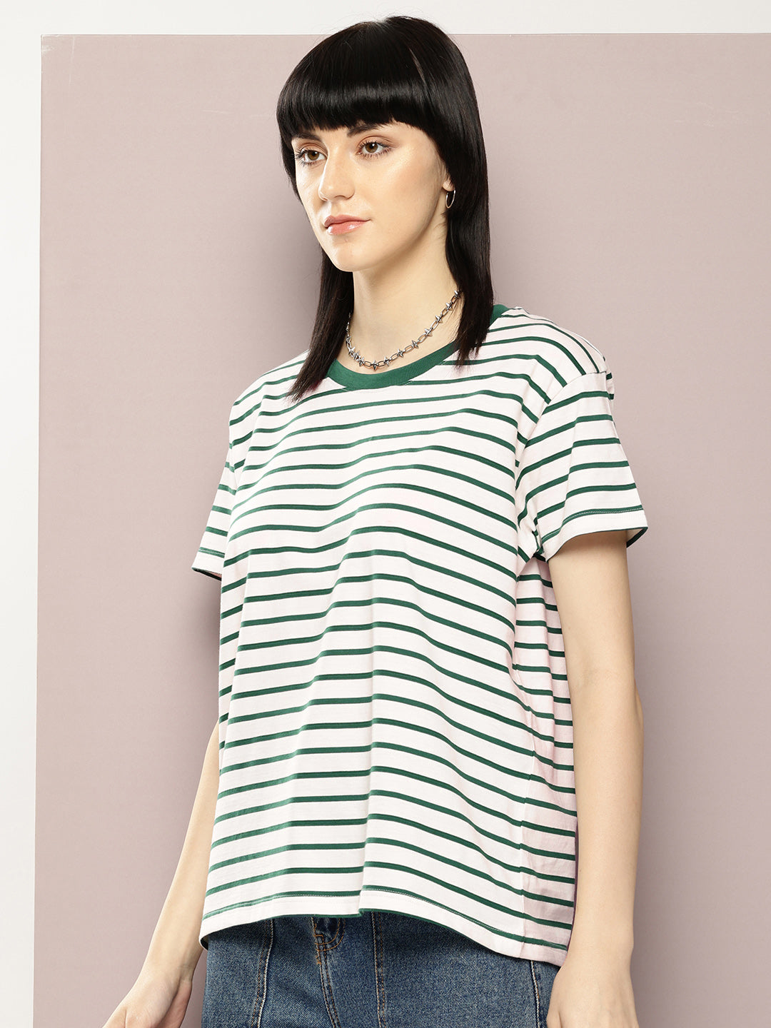 Womens Half Sleeve Round Neck Striped Boxy Fit Tshirts