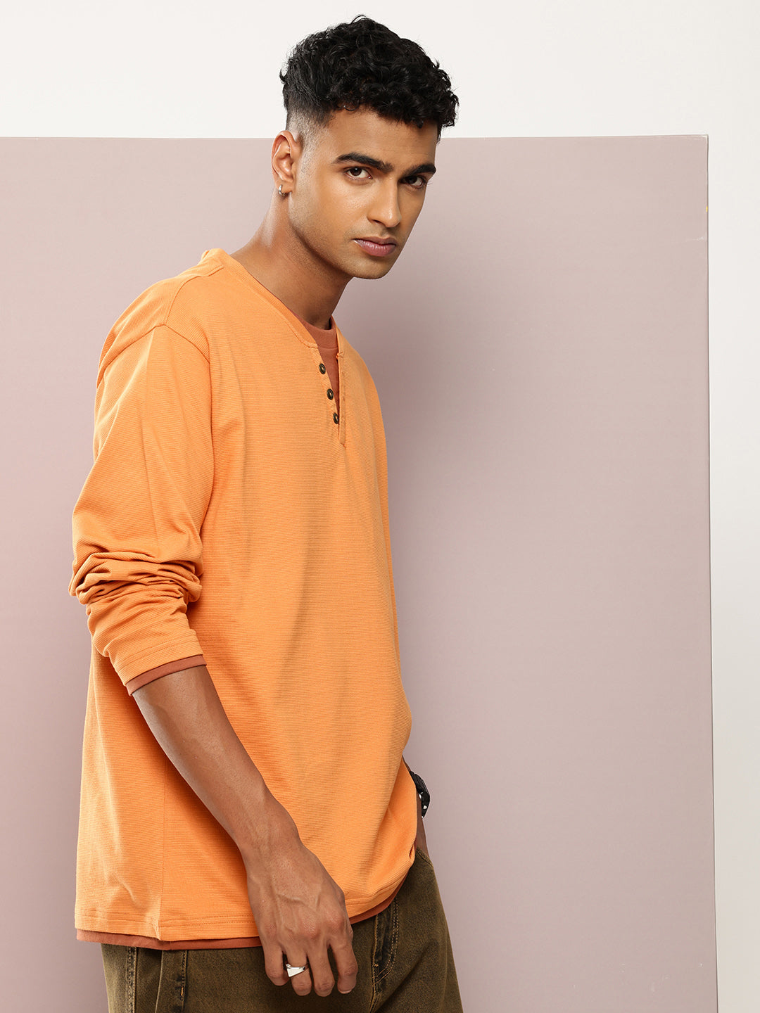 Mens Full Sleeve V-Neck Solid Oversized Fit Tshirts