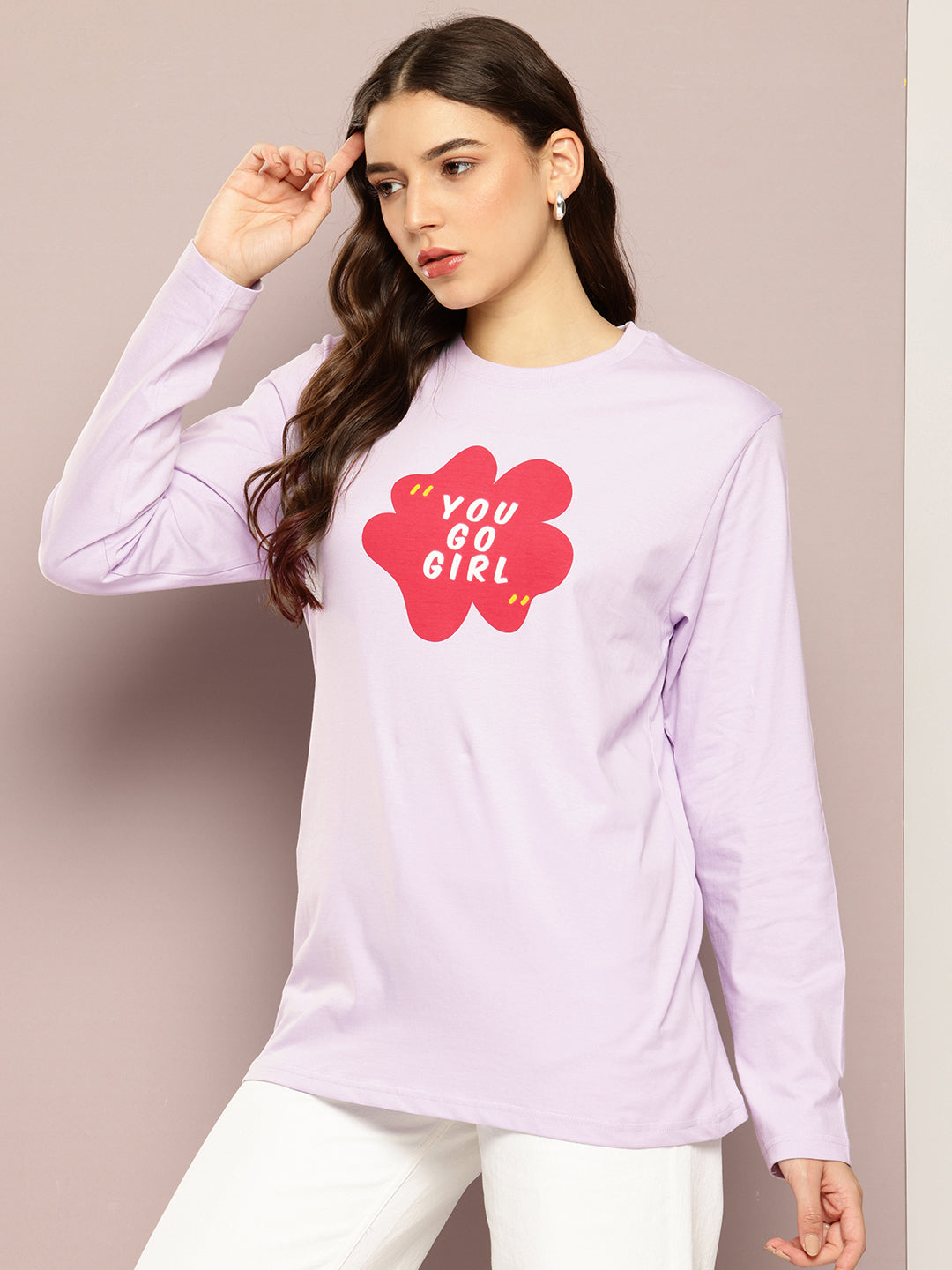 Womens Full Sleeve Round Neck Printed Oversized Fit Tshirts