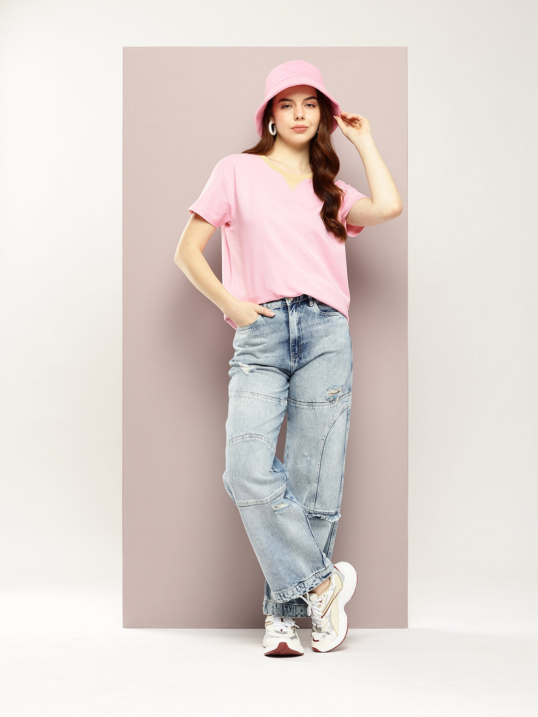 Womens Half Sleeve V-Neck Solid Boxy Fit Tshirts