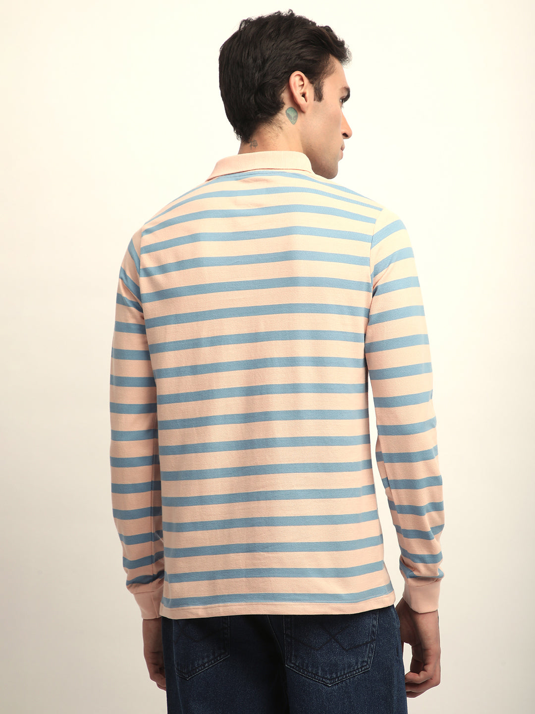 Mens Full Sleeve Polo Neck All-Over Striped Regular Fit Tshirts
