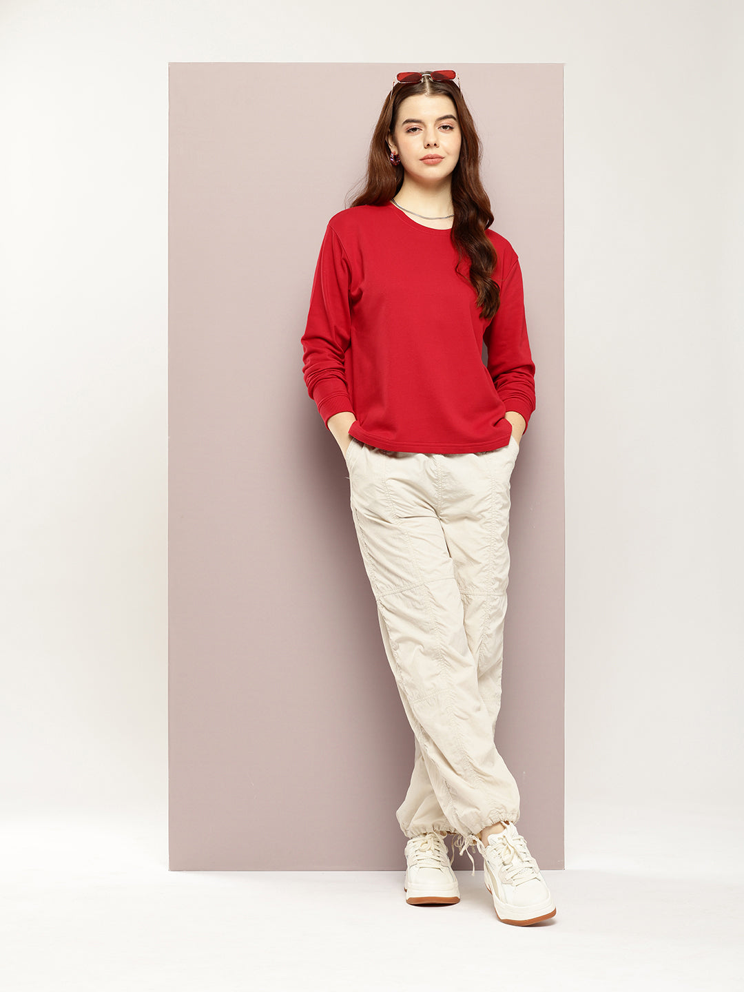 Womens Full Sleeve Round Neck Solid Boxy Fit Tshirts