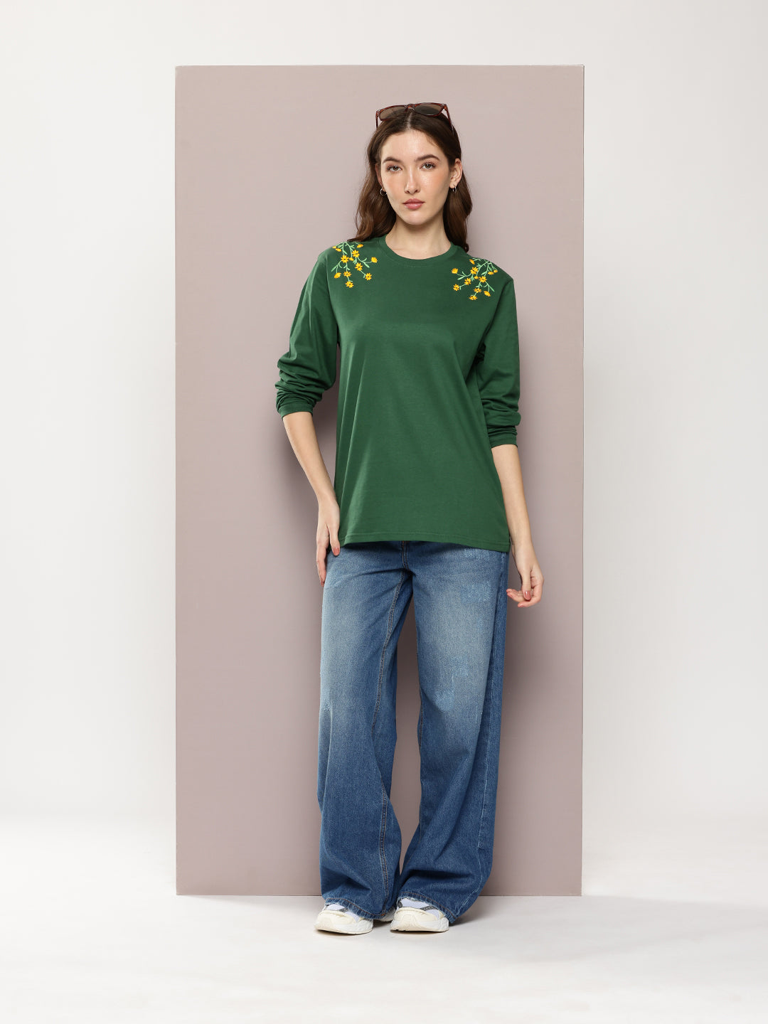 Womens Full Sleeve Round Neck Embroidered Oversized Fit Tshirts