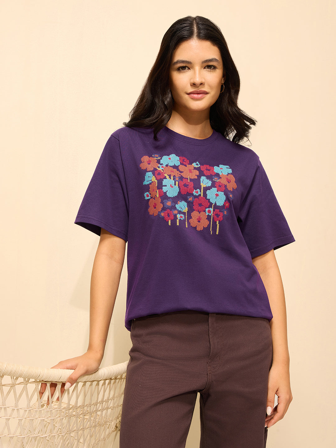 Womens Embroidery Oversized Fit Cotton T-Shirt