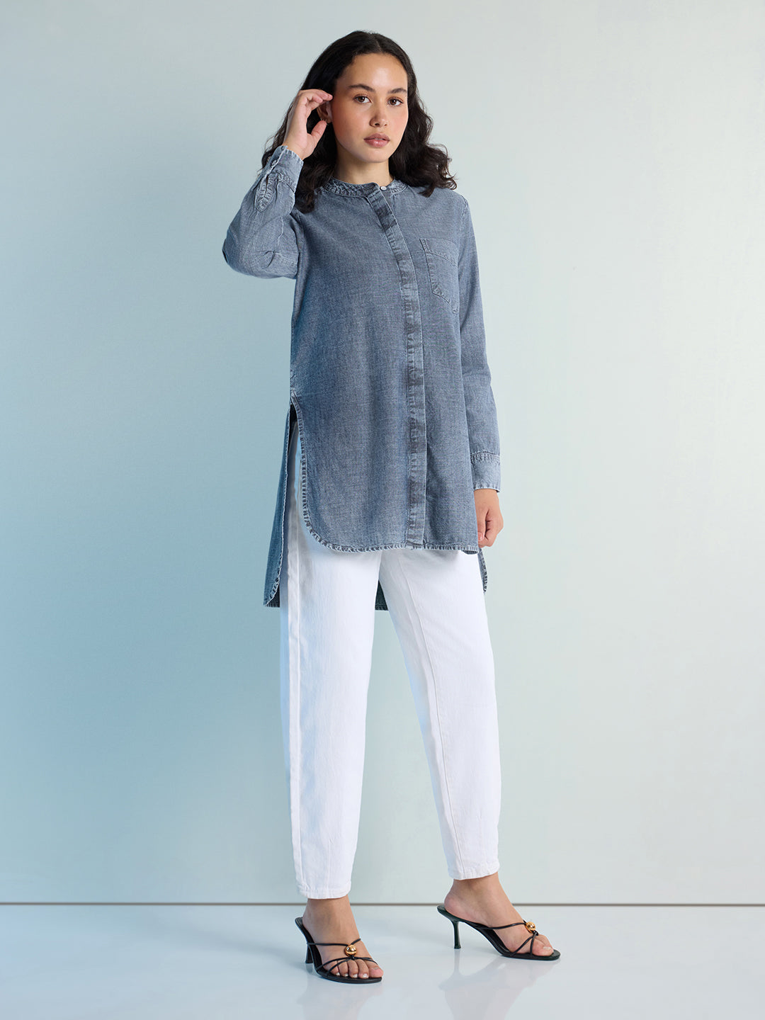 Womens Solid Oxy Bleached Boxy Regular Mandarin Collar Neck Denim Shirt