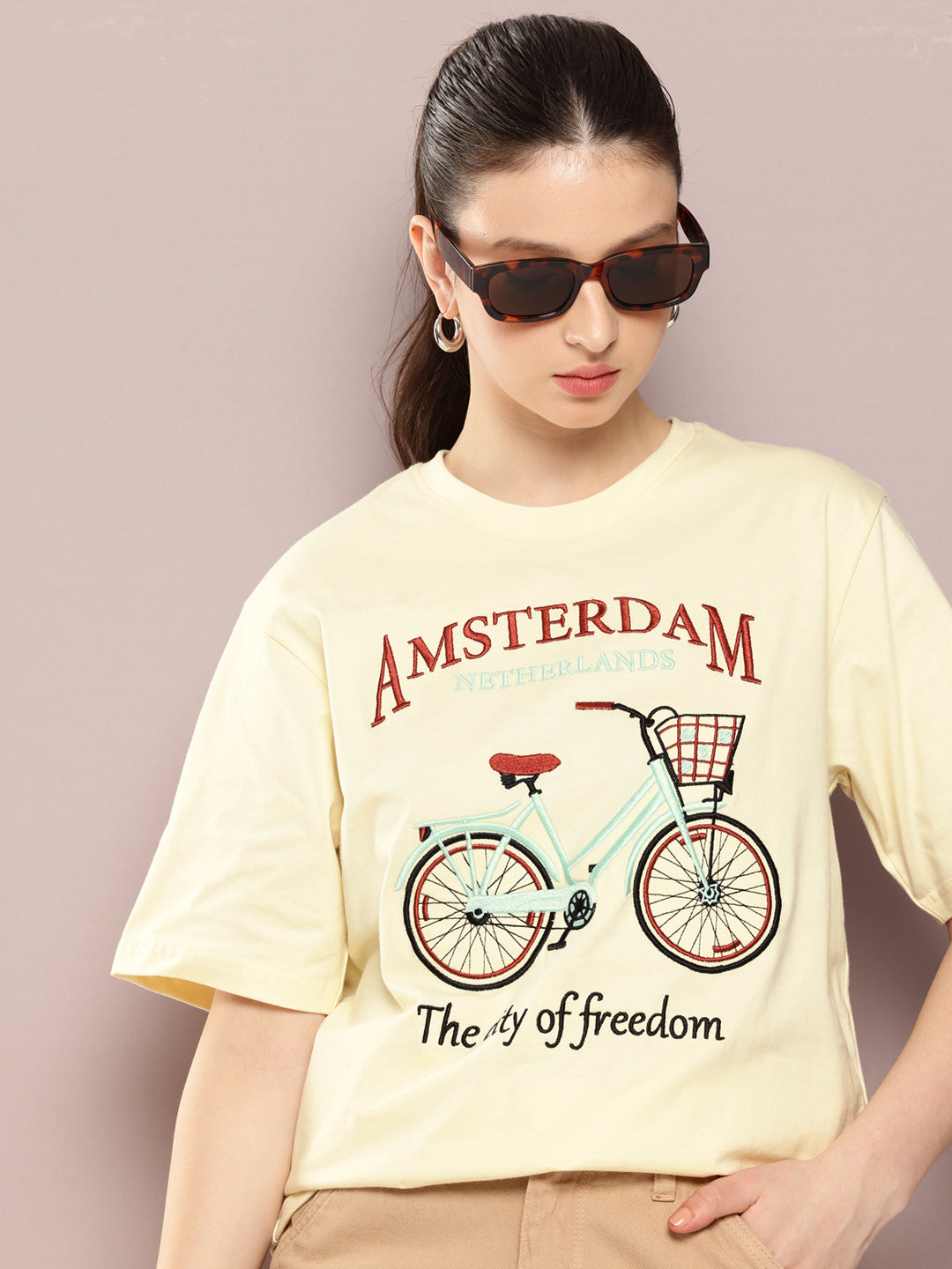 Womens Half Sleeve Round Neck Embroidery Oversized Fit Tshirts