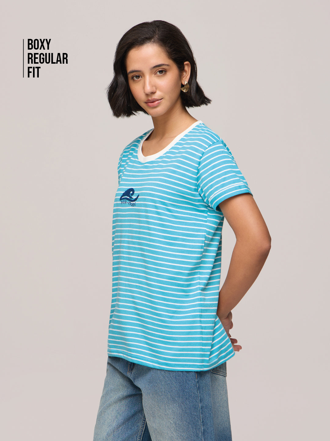 Womens Striped Boxy Regular Fit Cotton T-Shirt