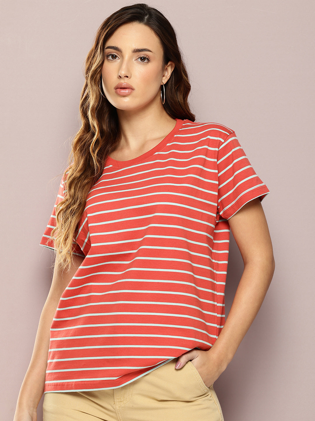Womens Half Sleeve Round Neck All-Over Striped Boxy Fit Tshirts