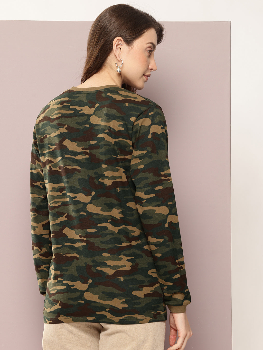 Womens Full Sleeve Round Neck All-Over Printed Oversized Fit Tshirts
