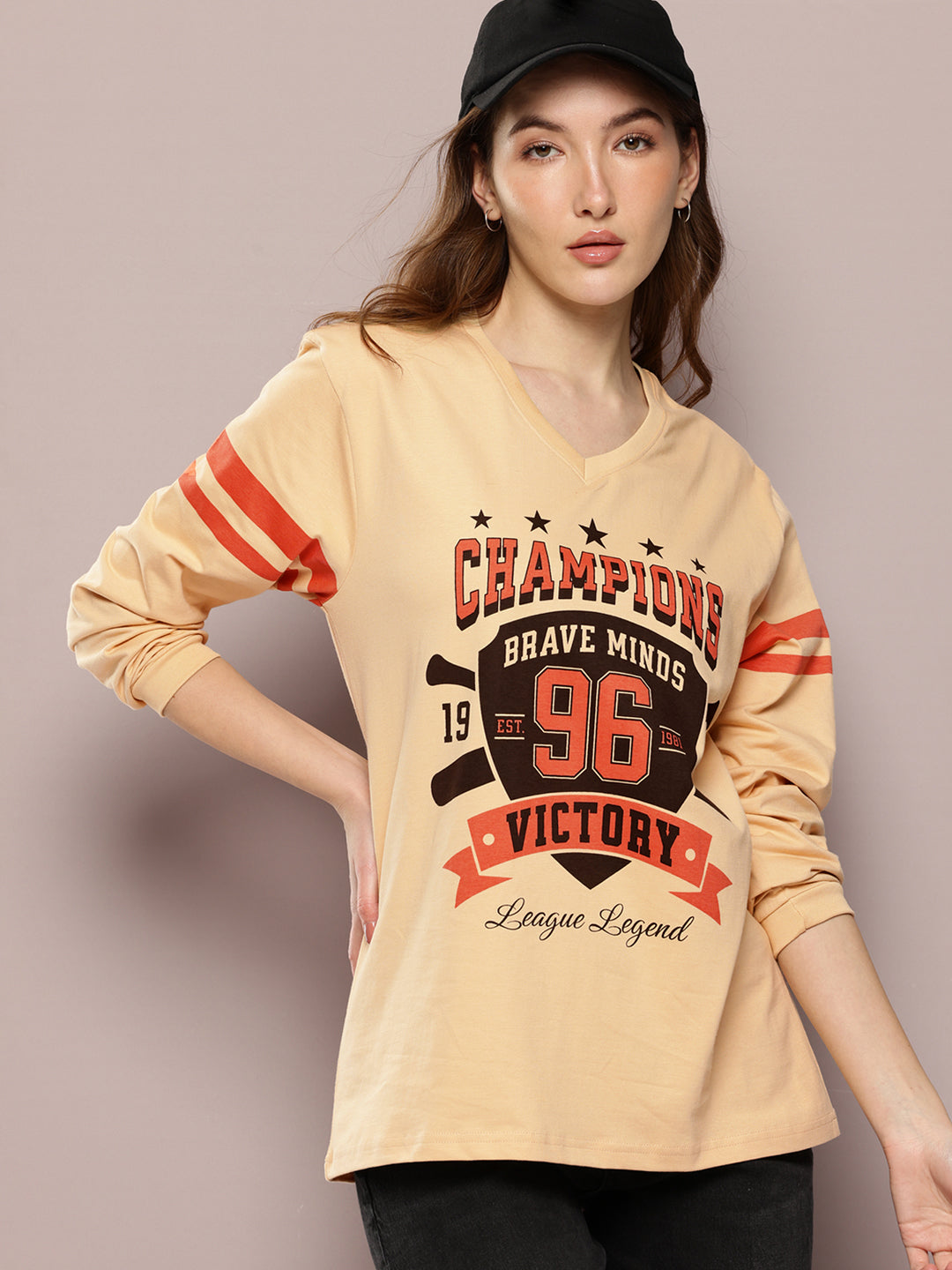 Womens Full Sleeve Round Neck Printed Oversized Fit Tshirts