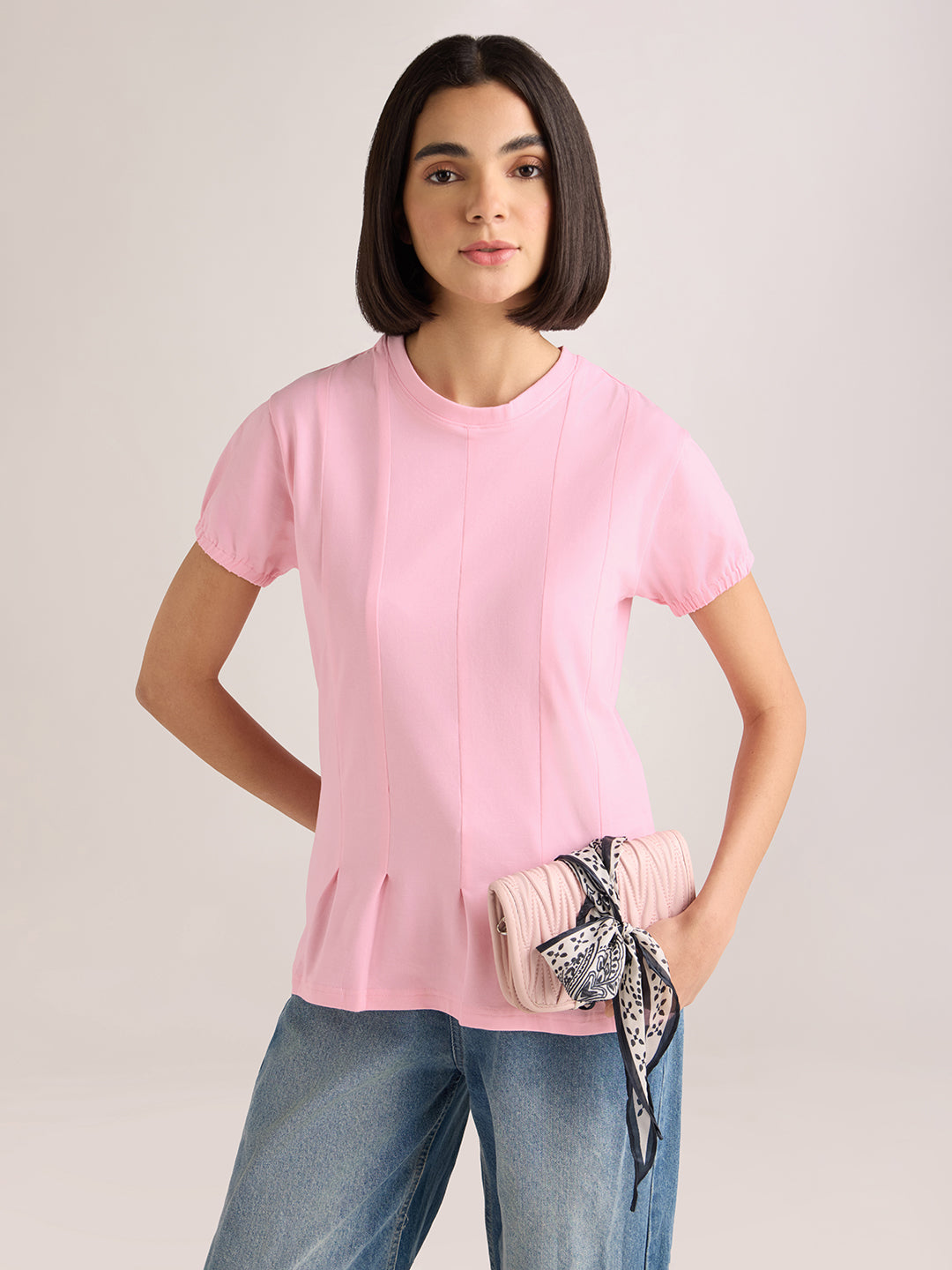 Womens Solid Regular Fit Lycra Jersey Round Neck Tshirt