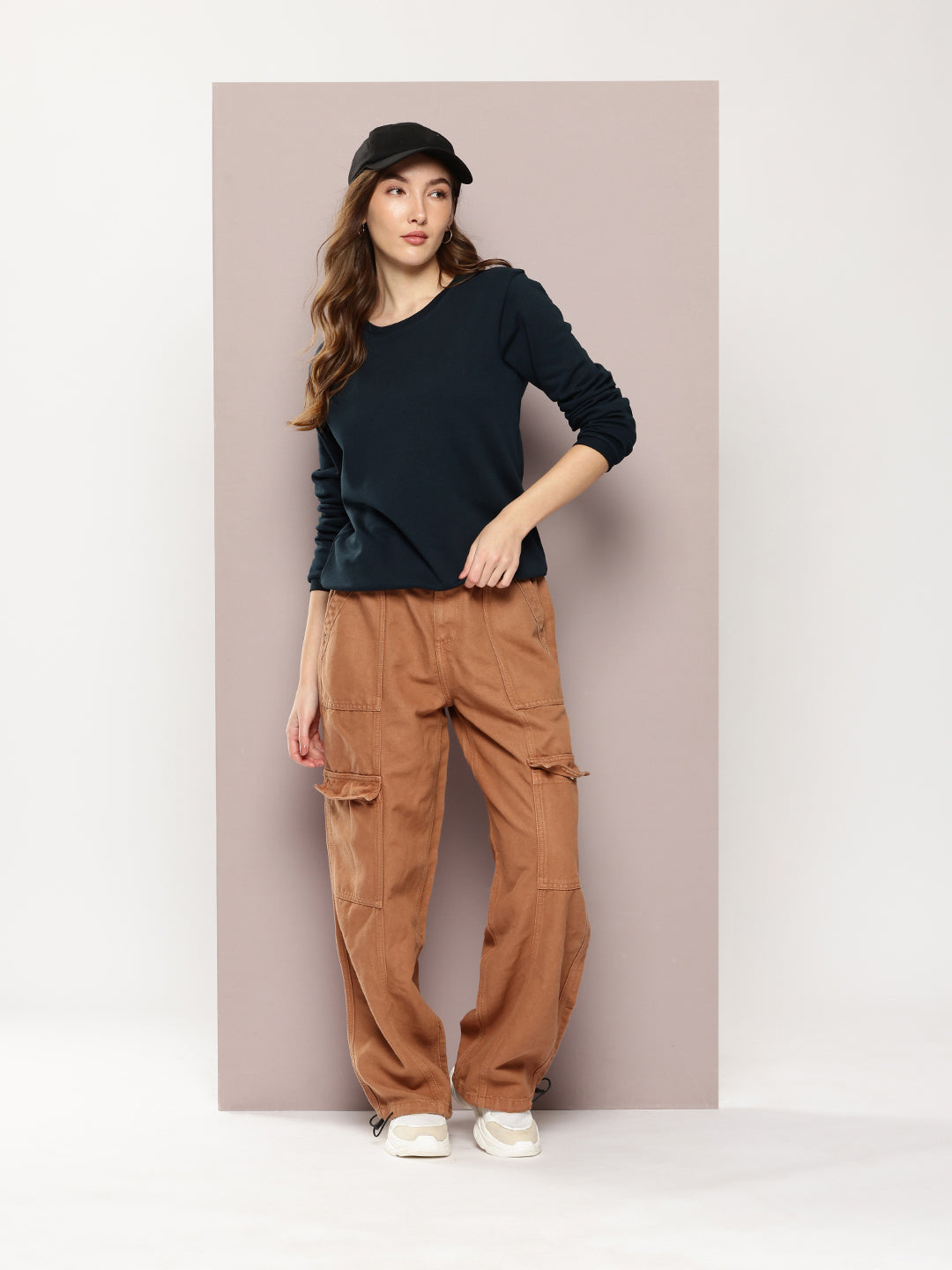 Womens Full Sleeve Round Neck Solid Relaxed Fit Tshirts
