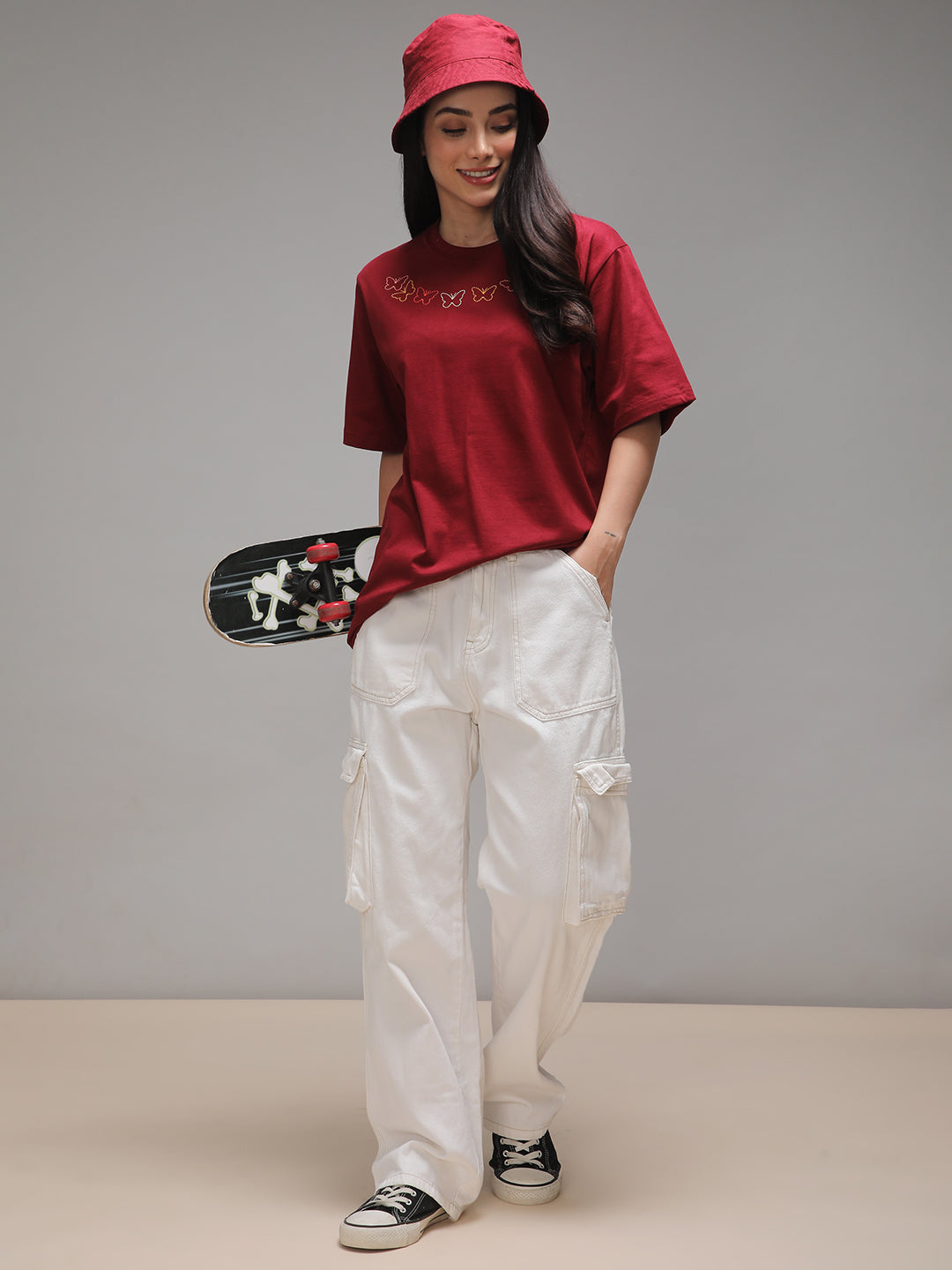 Womens Half Sleeve Round Neck Embroidery Oversized Fit Tshirts