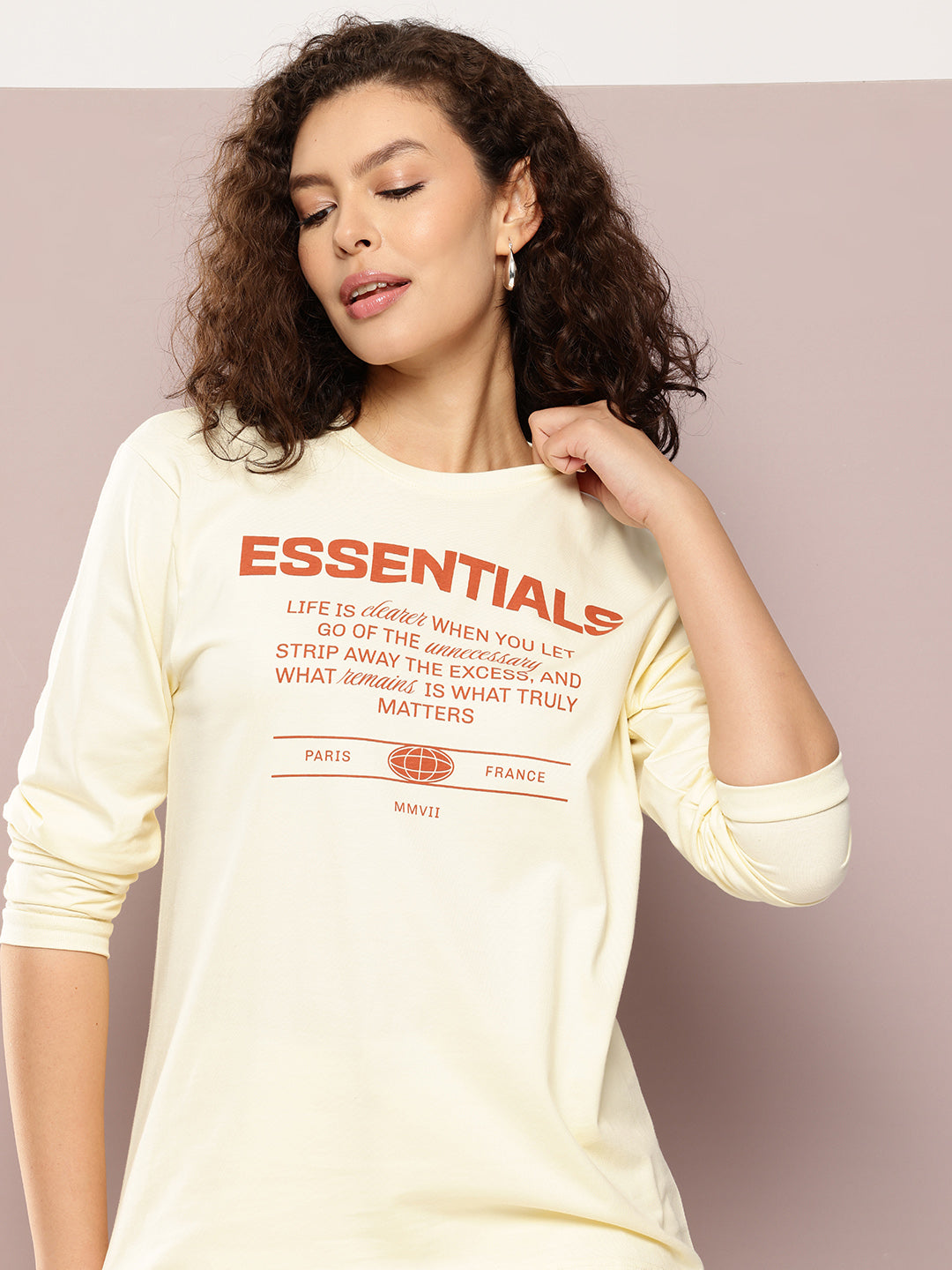 Womens Full Sleeve Round Neck Printed Oversized Fit Tshirts