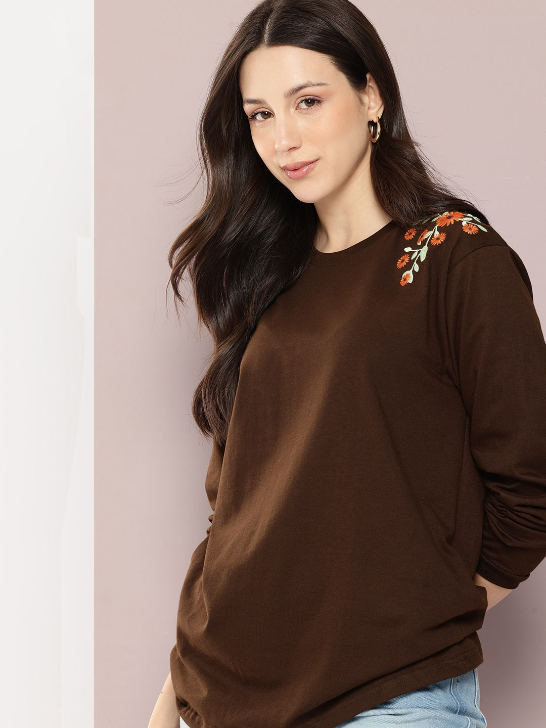 Womens Full Sleeve Round Neck Embroidered Oversized Fit Tshirts