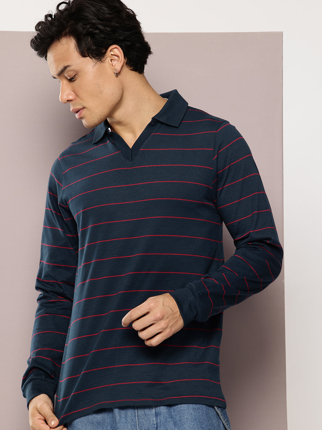 Mens Full Sleeve Polo Neck Striped Regular Fit Tshirts