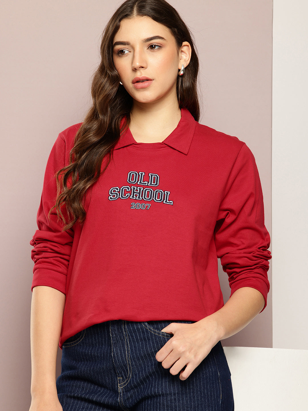 Womens Full Sleeve Polo Neck Printed Oversized Fit Tshirts
