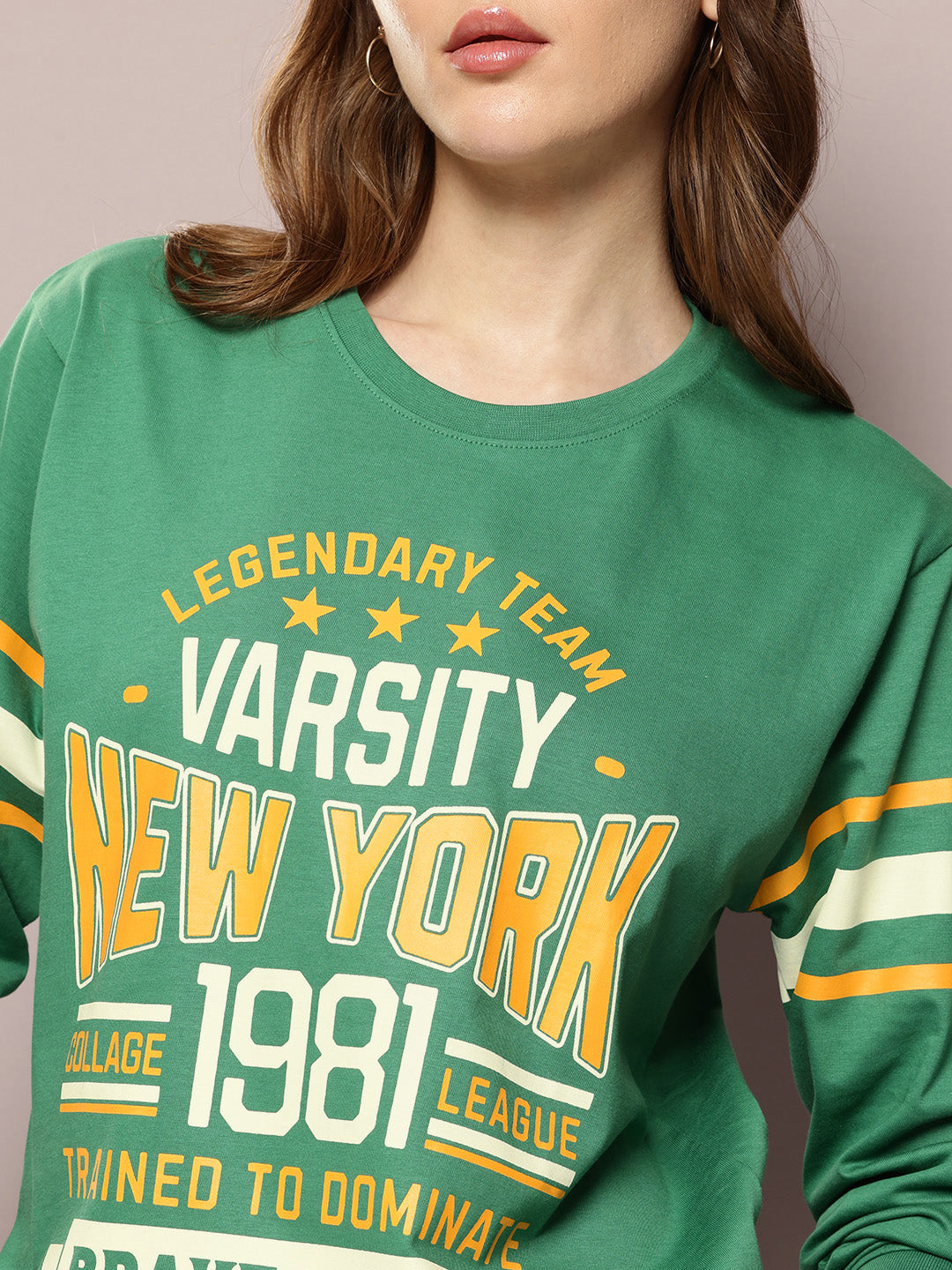 Womens Full Sleeve Round Neck Printed Oversized Fit Tshirts