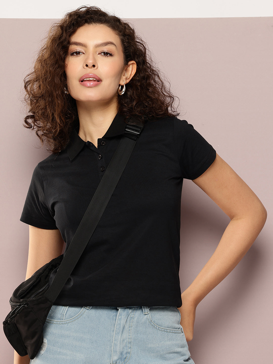 Womens Half Sleeve Polo Neck Solid Regular Fit Tshirts