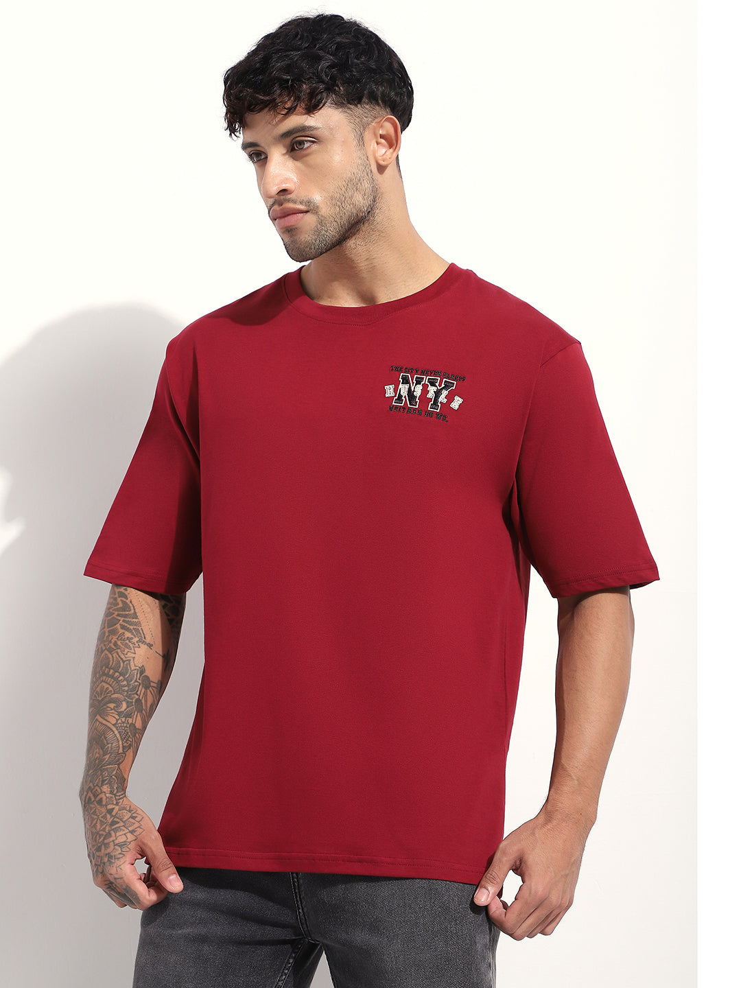 Mens Half Sleeve Round Neck Embroidered Oversized Fit Tshirts