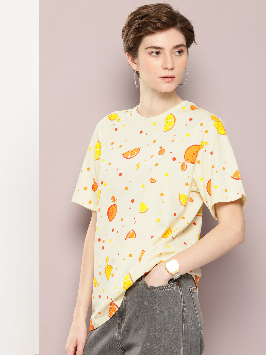 Womens Half Sleeve Round Neck All-Over Printed Oversized Fit Tshirts