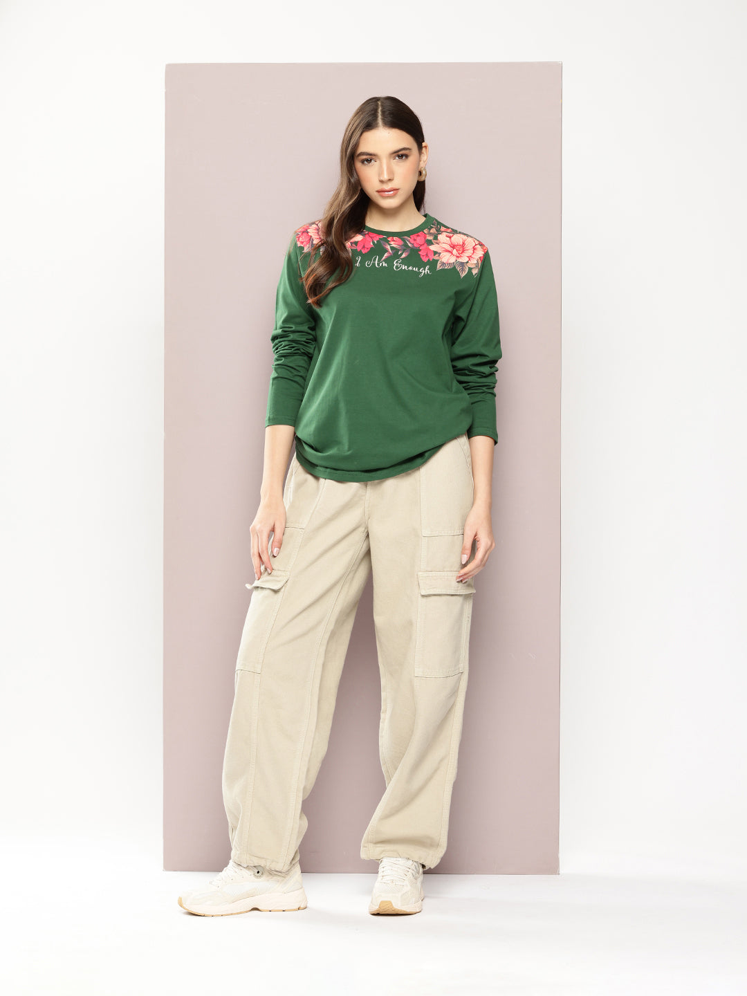 Womens Full Sleeve Round Neck Printed Oversized Fit Tshirts
