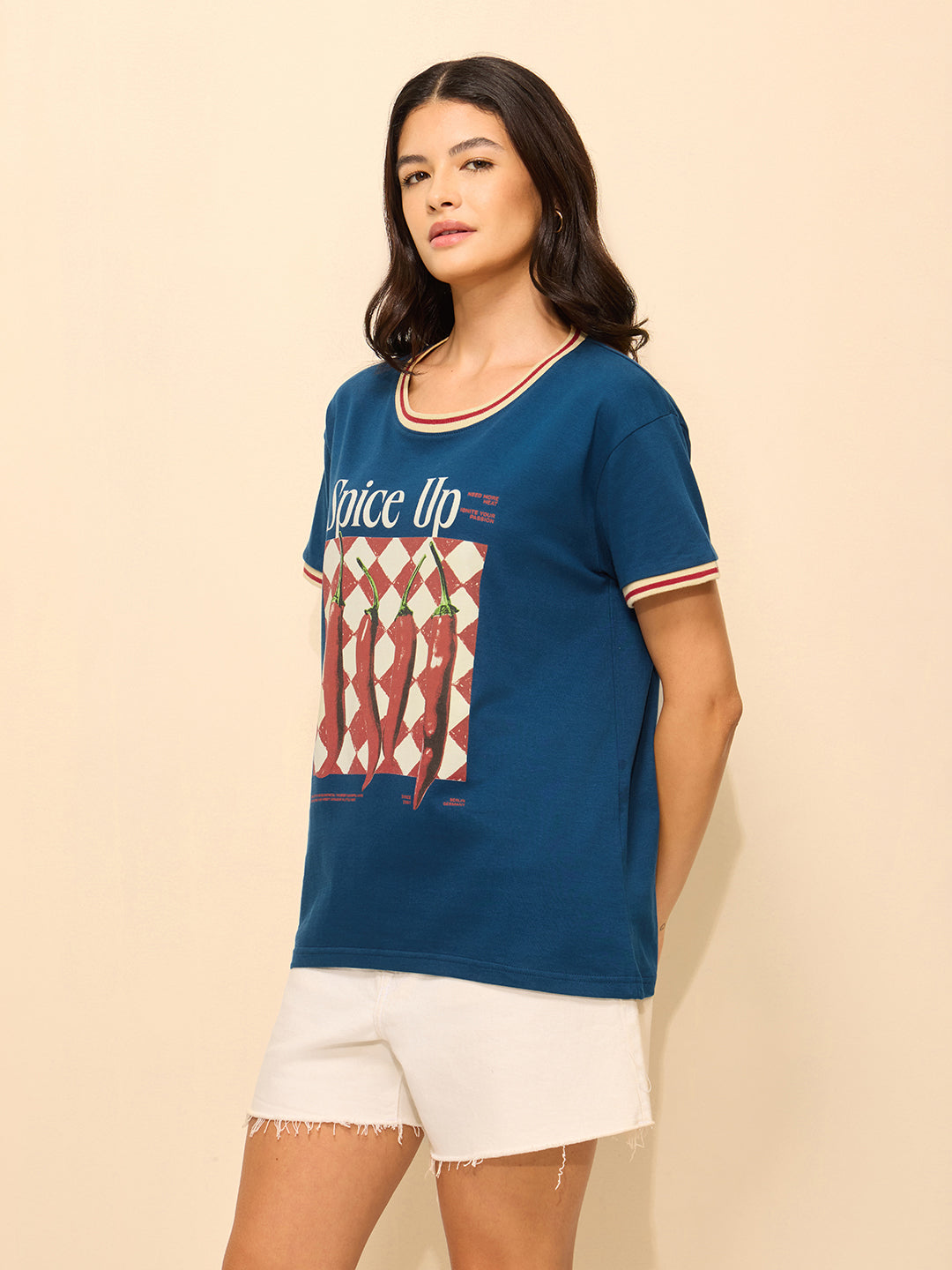 Womens Printed Boxy Regular Fit Cotton T-Shirt