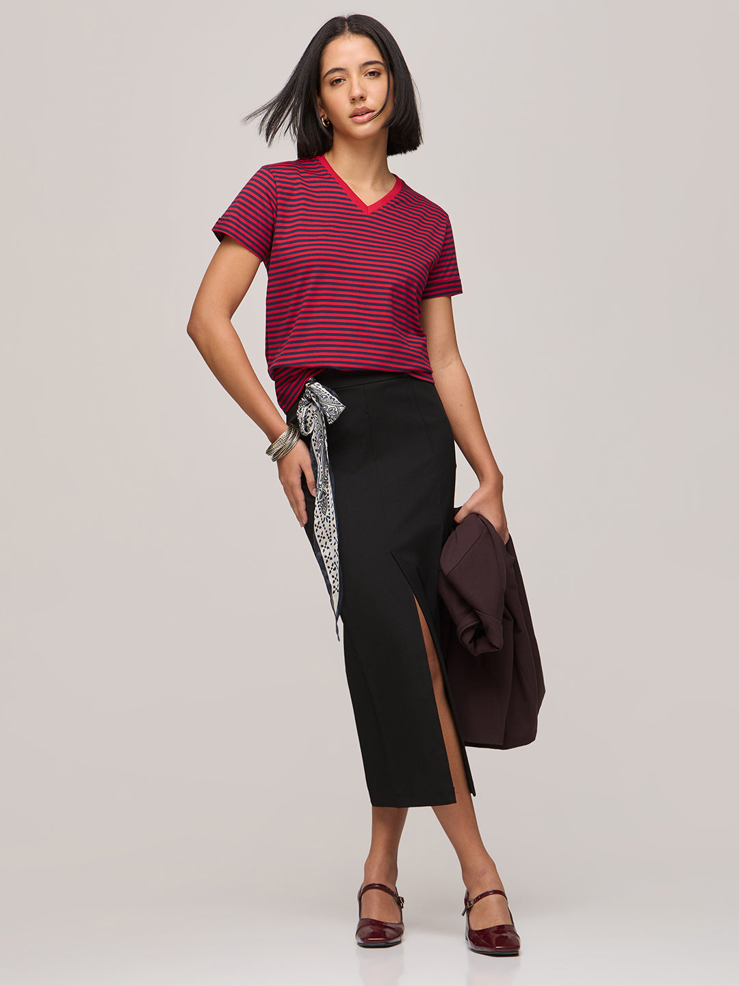 Womens Striped Regular Fit Cotton V-Neck T-Shirt