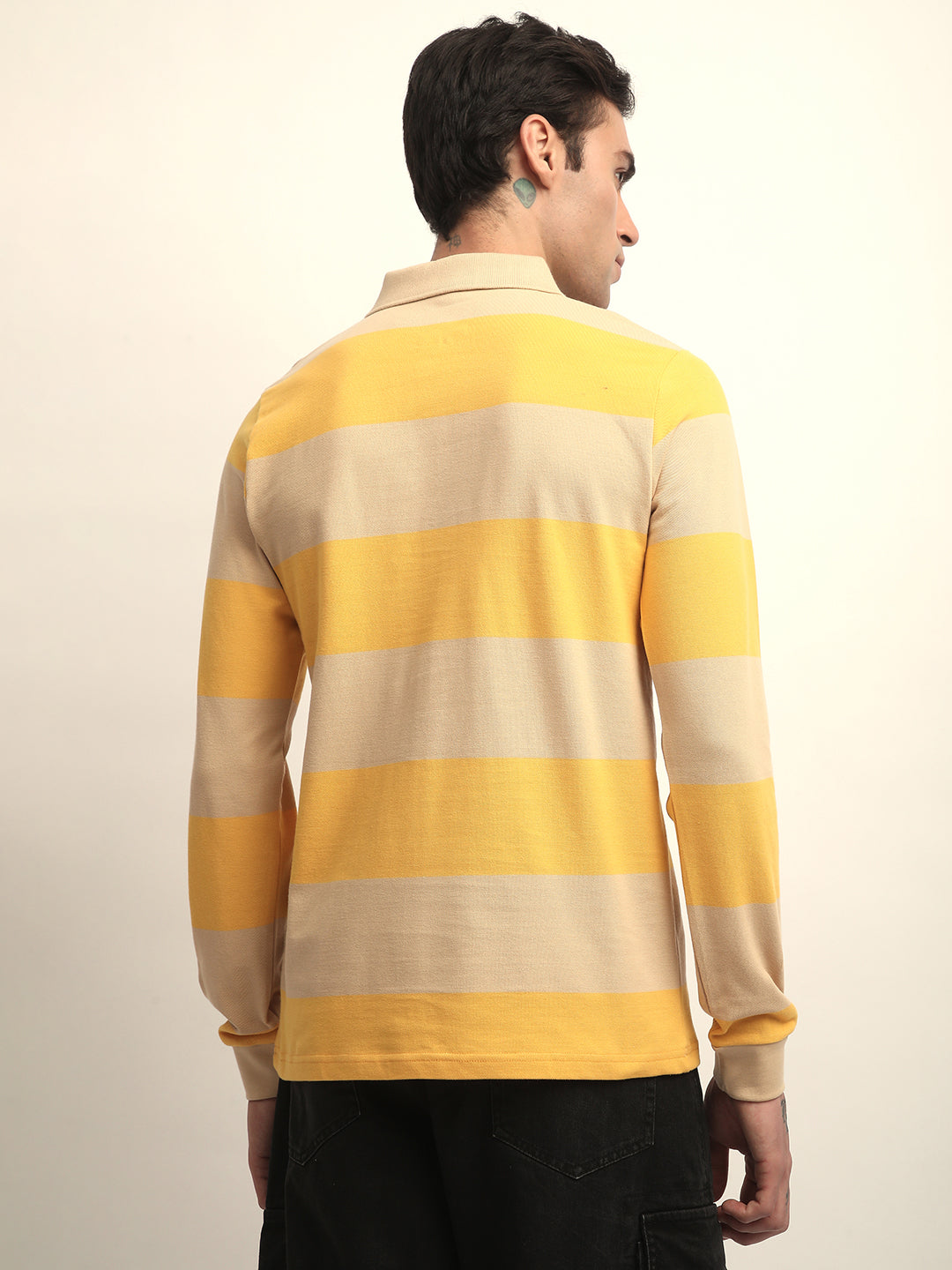 Mens Full Sleeve Polo Neck All-Over Striped Regular Fit Tshirts