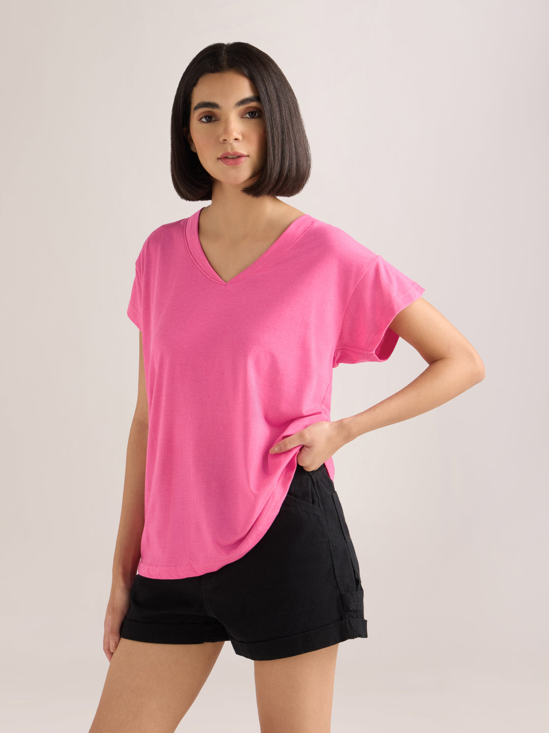 Womens Solid Regular Fit Poly Cotton  V-Neck Tshirt