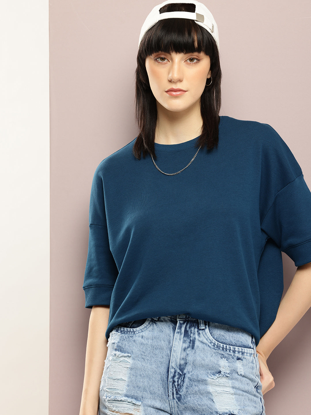 Womens Half Sleeve Round Neck Solid Oversized Fit Tshirts