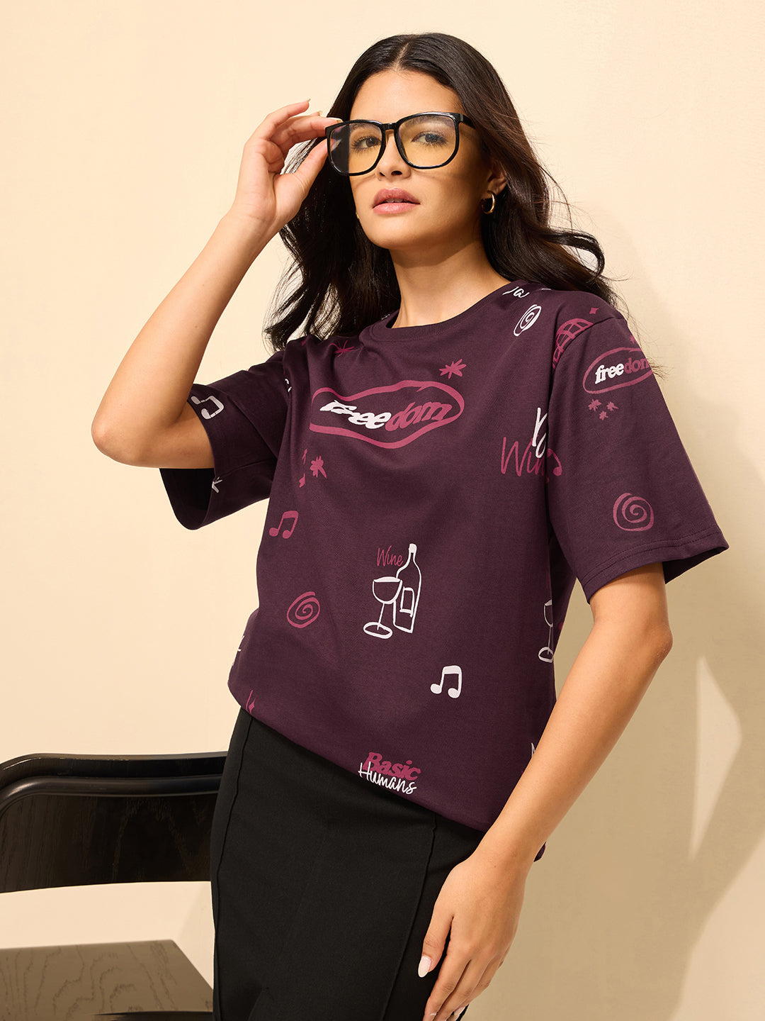 Womens All Over Printed Oversized Fit Cotton T-Shirt