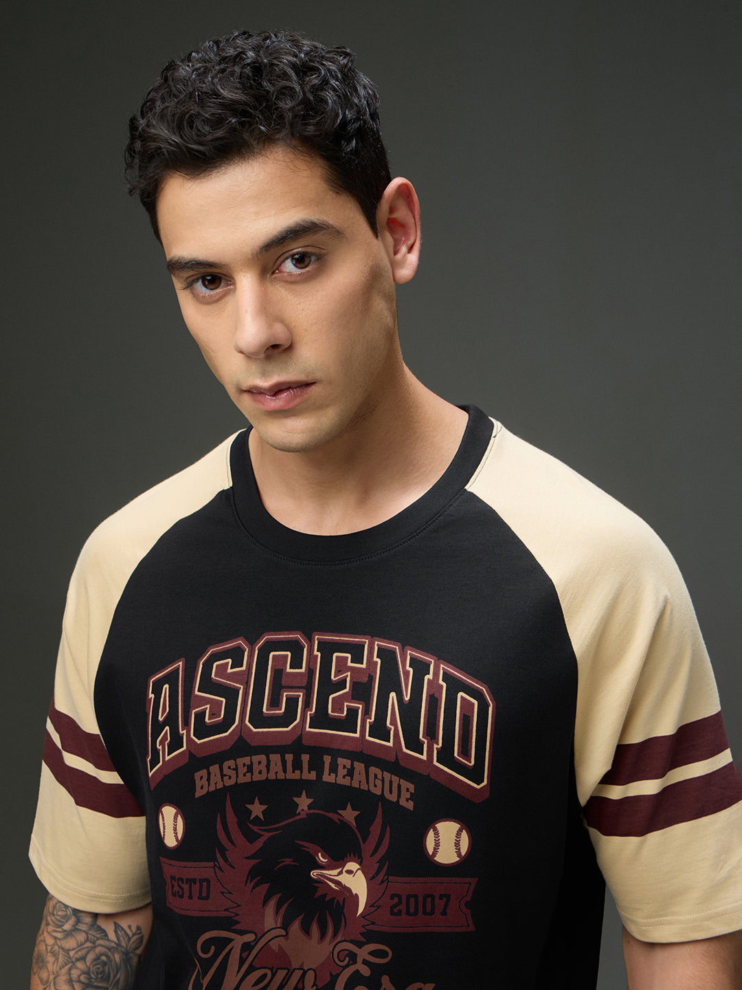 Mens Round Neck Raglan Sleeve Printed Oversized Fit Tshirt