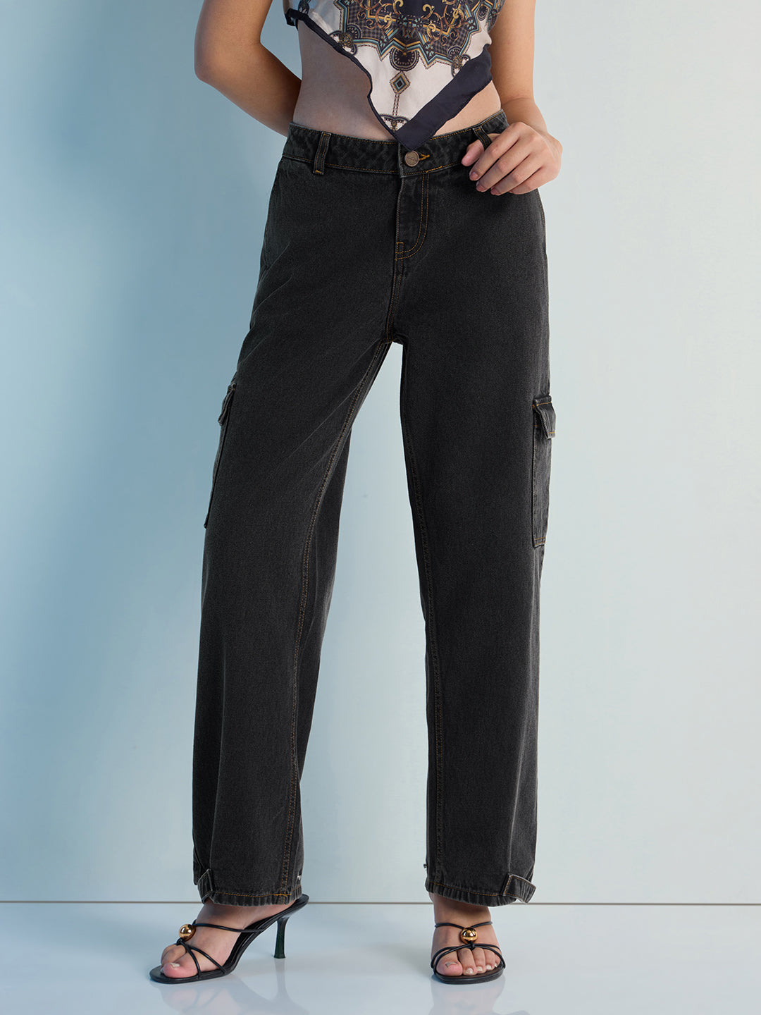Womens Straight Fit Cargo Denim Jeans Pant