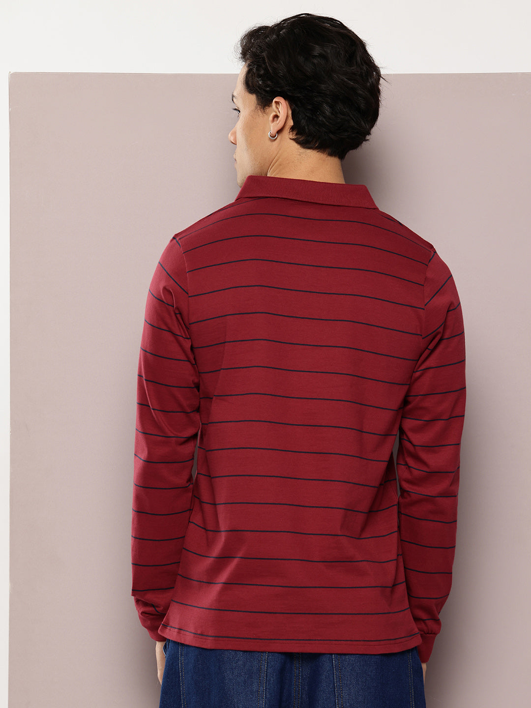 Mens Full Sleeve Polo Neck Striped Regular Fit Tshirts