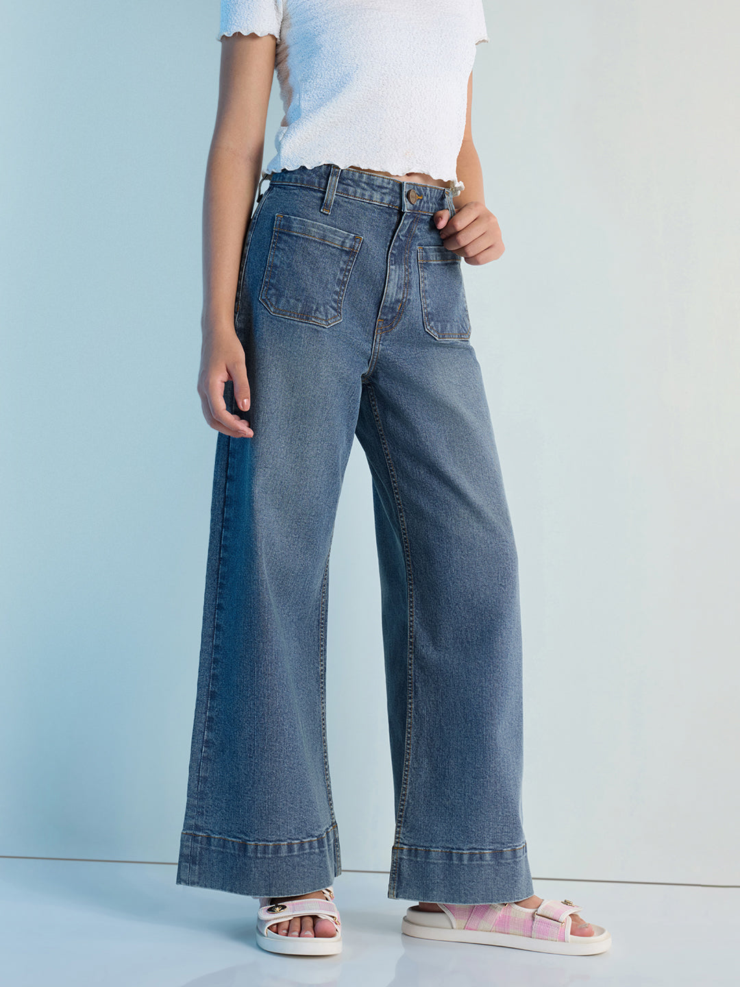 Womens Wide Leg Patch Pocket Denim Jeans Pant