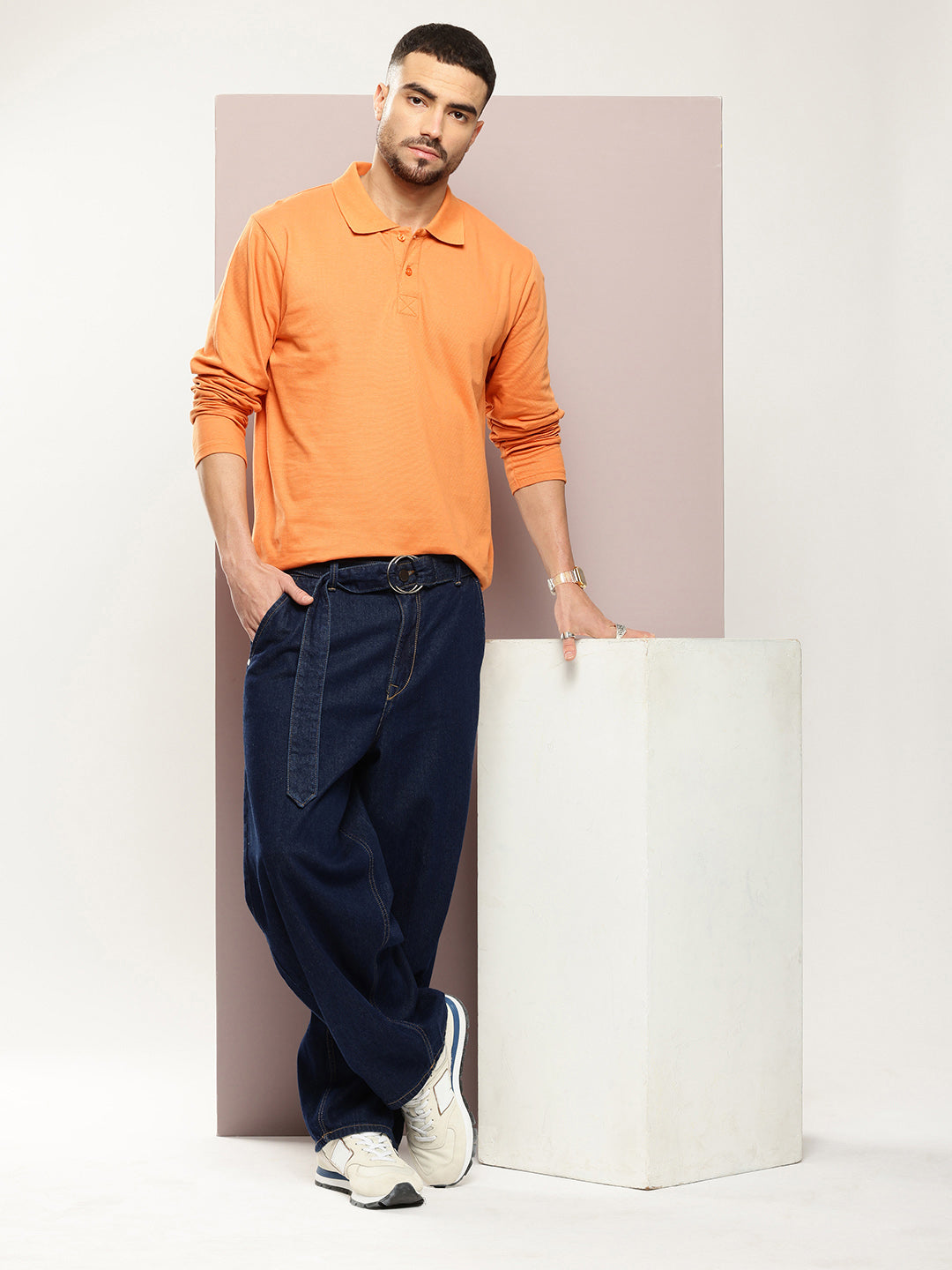 Mens Full Sleeve Polo Neck Solid Oversized Fit Tshirts