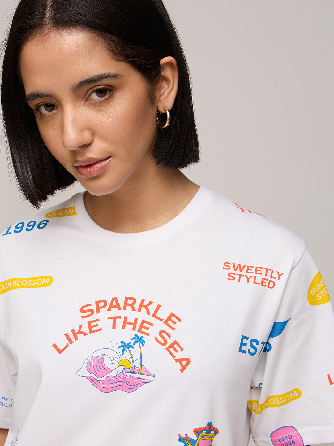 Womens Printed Oversized Fit Cotton T-Shirt
