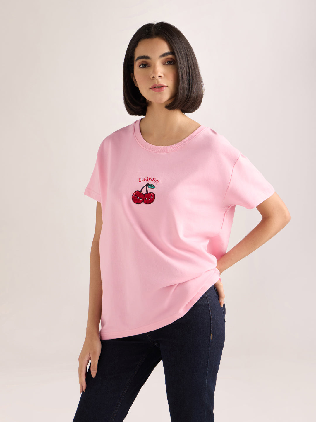 Womens Embroidery Boxy Regular Fit French Terry Cotton Tshirt