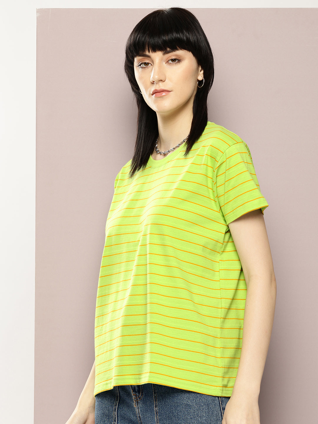 Womens Half Sleeve Round Neck Striped Boxy Fit Tshirts