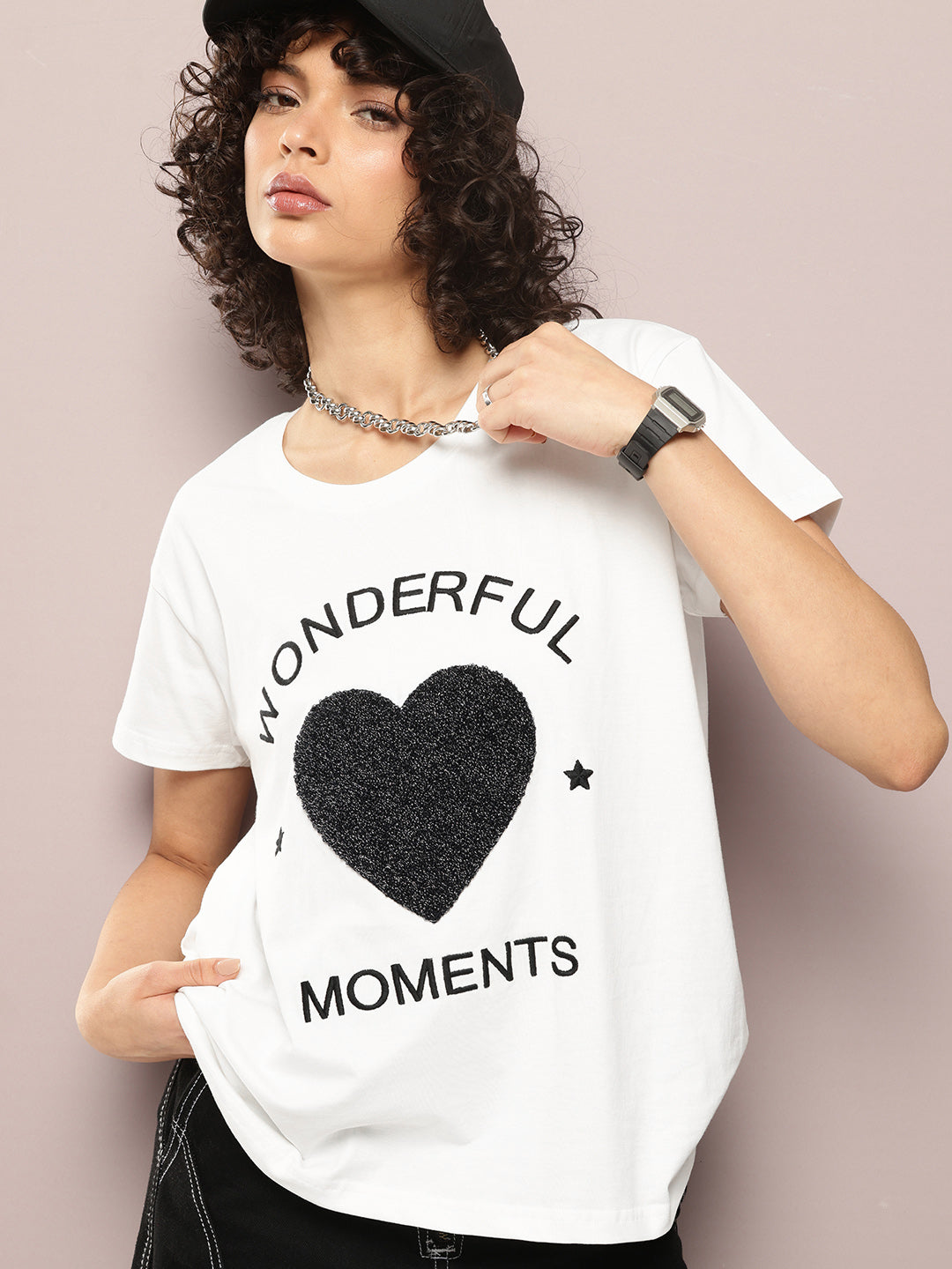 Womens Half Sleeve Round Neck Embroidery Boxy Fit Tshirts