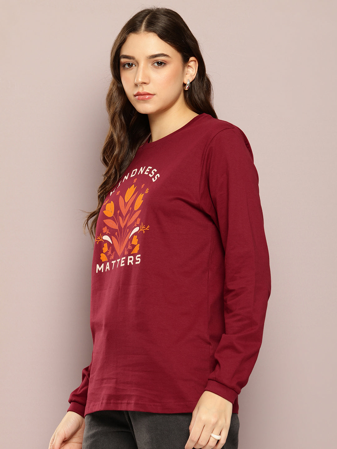 Womens Full Sleeve Round Neck Printed Oversized Fit Tshirts